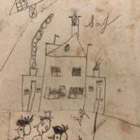 SOLD Marvelous Antique Naive Graphite Drawing with Figures and Horses and Houses