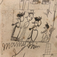 SOLD Marvelous Antique Naive Graphite Drawing with Figures and Horses and Houses
