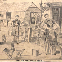 Life on Fieldfair Farm, Antique Pencil Drawing on Board