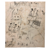 SOLD Marvelous Antique Naive Graphite Drawing with Figures and Horses and Houses
