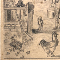 Life on Fieldfair Farm, Antique Pencil Drawing on Board