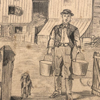Life on Fieldfair Farm, Antique Pencil Drawing on Board