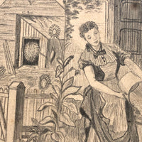 Life on Fieldfair Farm, Antique Pencil Drawing on Board