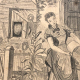 Life on Fieldfair Farm, Antique Pencil Drawing on Board