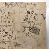 SOLD Marvelous Antique Naive Graphite Drawing with Figures and Horses and Houses