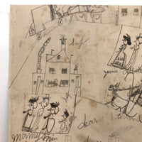 SOLD Marvelous Antique Naive Graphite Drawing with Figures and Horses and Houses