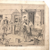 Life on Fieldfair Farm, Antique Pencil Drawing on Board