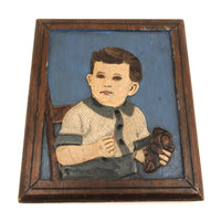Painted  Small Relief Carved Portrait of Boy with (Upside down) Teddy Bear