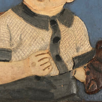 Painted  Small Relief Carved Portrait of Boy with (Upside down) Teddy Bear