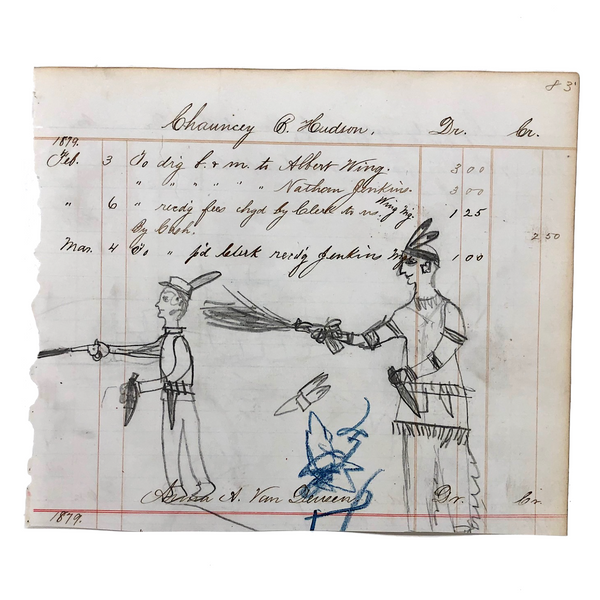 Naive Drawing on 1879 Ledger Paper: Two Men with Knives and Guns