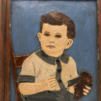 Painted  Small Relief Carved Portrait of Boy with (Upside down) Teddy Bear