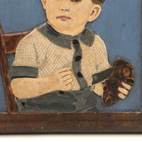 Painted  Small Relief Carved Portrait of Boy with (Upside down) Teddy Bear