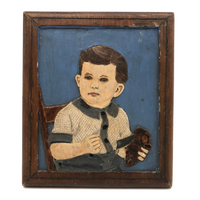Painted  Small Relief Carved Portrait of Boy with (Upside down) Teddy Bear