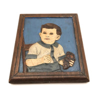 Painted  Small Relief Carved Portrait of Boy with (Upside down) Teddy Bear