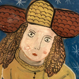 Shepherdesses with Lamb, Old Reverse Glass Folk Art Painting