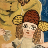 Shepherdesses with Lamb, Old Reverse Glass Folk Art Painting