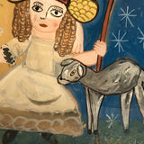 Shepherdesses with Lamb, Old Reverse Glass Folk Art Painting
