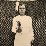 Serious Young Woman in Front of Linsey Woolsey Textile, Antique RPPC