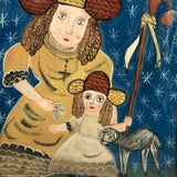 Shepherdesses with Lamb, Old Reverse Glass Folk Art Painting