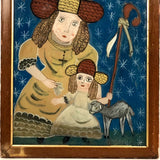 Shepherdesses with Lamb, Old Reverse Glass Folk Art Painting