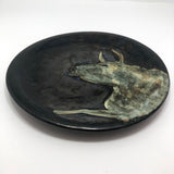 Metallic Black Pottery Plate with Painterly Bull, attributed to Marc Hansen