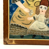 Shepherdesses with Lamb, Old Reverse Glass Folk Art Painting