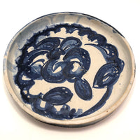 Slab-Formed Cream and Blue Glazed Signed Pottery Platter or Tray