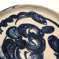 Slab-Formed Cream and Blue Glazed Signed Pottery Platter or Tray