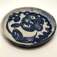 Slab-Formed Cream and Blue Glazed Signed Pottery Platter or Tray