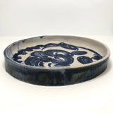 Slab-Formed Cream and Blue Glazed Signed Pottery Platter or Tray