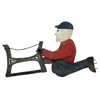 Sweet Old Folk Art Sawing Man in Blue Cap Whirligig Fragment