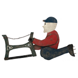 Sweet Old Folk Art Sawing Man in Blue Cap Whirligig Fragment