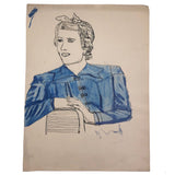 Ink and Watercolor Portrait of Woman in Blue