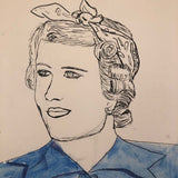Ink and Watercolor Portrait of Woman in Blue