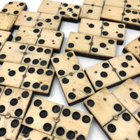 Beautiful Antique Bone and Ebony Dominoes, Complete Set with Brass Spinners