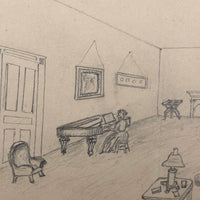 SOLD Woman at Piano in Parlor, Naive Old Pencil Drawing