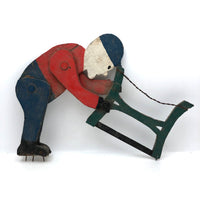 Sweet Old Folk Art Sawing Man in Blue Cap Whirligig Fragment