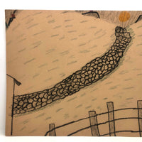 1940s Child's Crayon Drawing, Stone Wall Leading to Sun