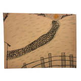 1940s Child's Crayon Drawing, Stone Wall Leading to Sun