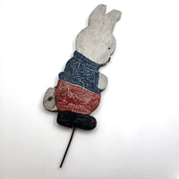 Old Red White and Blue Painted Wooden Bunny on Post