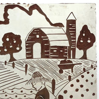 Lino Print Block with Farm Scene Signed Eileen Ryan