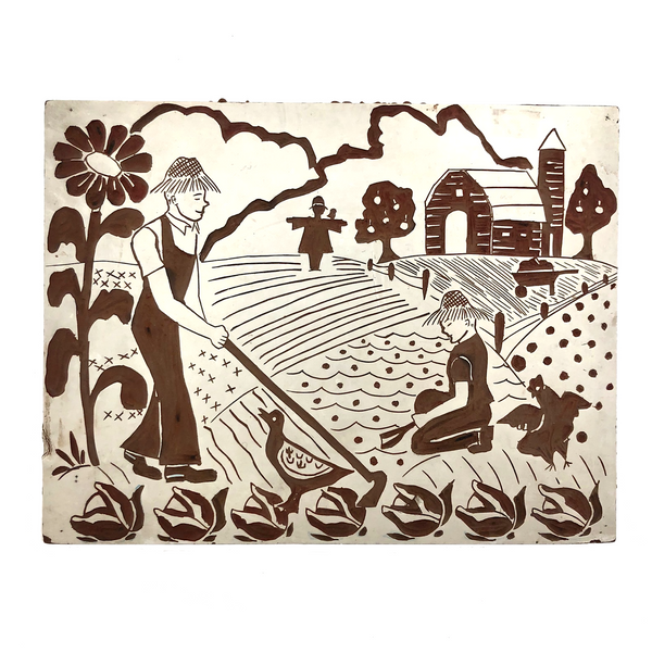 Lino Print Block with Farm Scene Signed Eileen Ryan