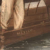 Delicate Oil Painting of Mexican Trajinera on Wood Panel