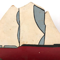 Red Boat with White Sails, Painted Wooden Cutout on Base