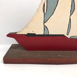 Red Boat with White Sails, Painted Wooden Cutout on Base