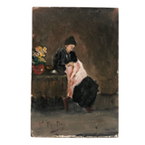 Impressionistic Small Painting of Woman Sewing with Pot of Flowers