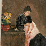 Impressionistic Small Painting of Woman Sewing with Pot of Flowers