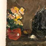 Impressionistic Small Painting of Woman Sewing with Pot of Flowers