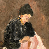 Impressionistic Small Painting of Woman Sewing with Pot of Flowers