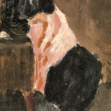 Impressionistic Small Painting of Woman Sewing with Pot of Flowers